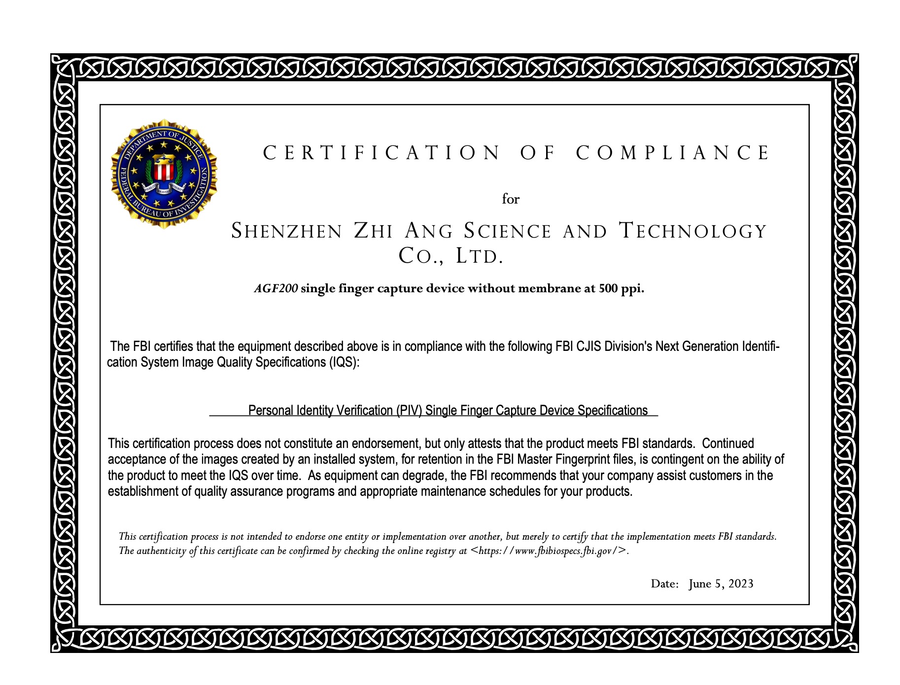AGF200 FAP20 certificate