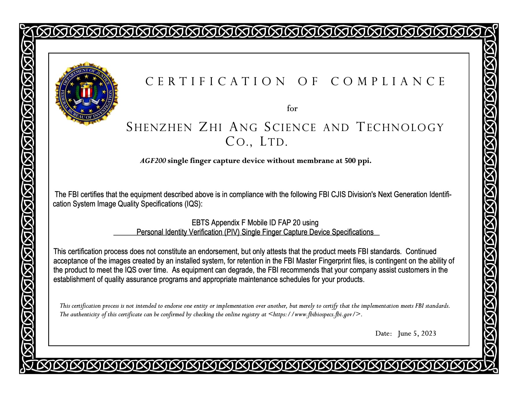 AGF200 PIV certificate